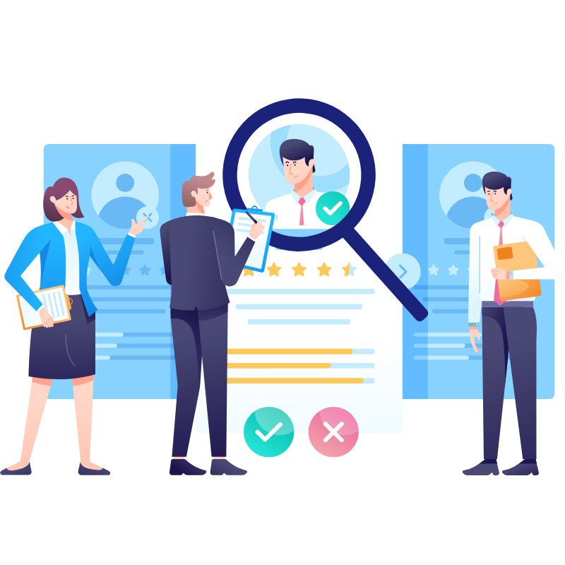 3 people standing around the hiring process graphic