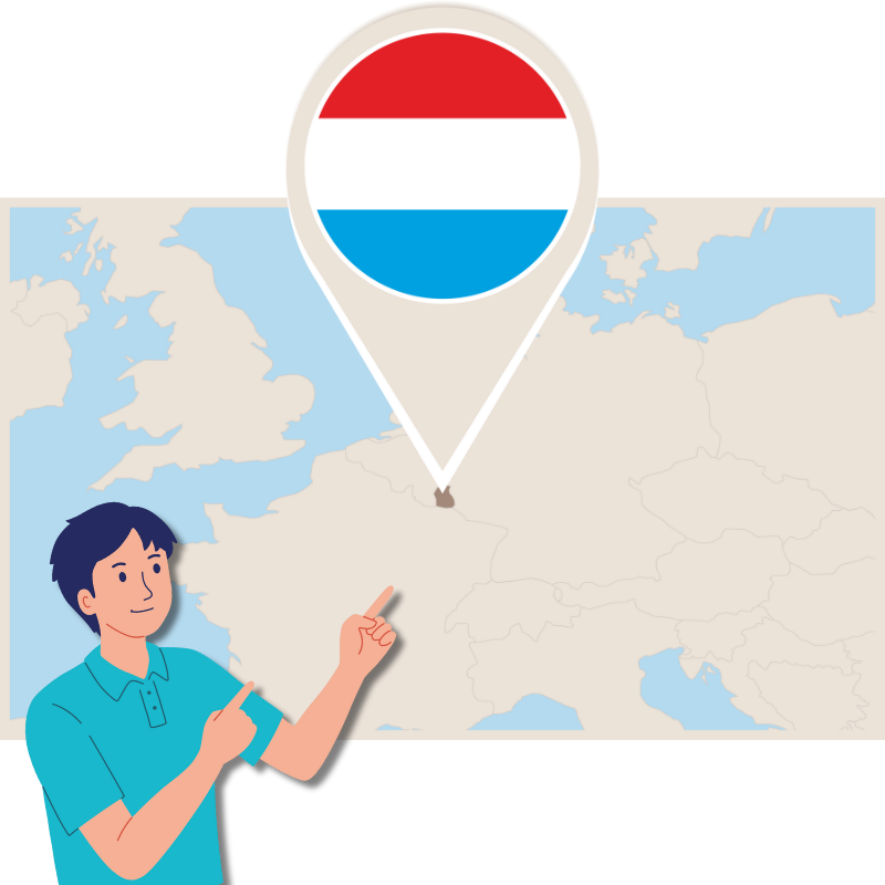 Luxembourg on a Map with a graphic person pointing at Luxembourg