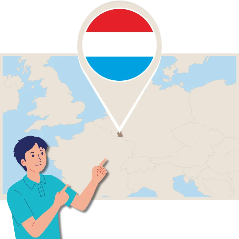 Luxembourg on a Map with a graphic person pointing at Luxembourg