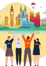 Employees hold up European Landmarks